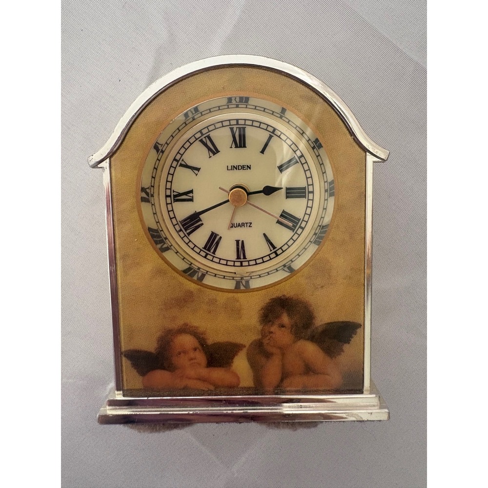 Linden Quartz Alarm Clock Raphael Cherubs Angels Roman Numerals Gold Silver Tone